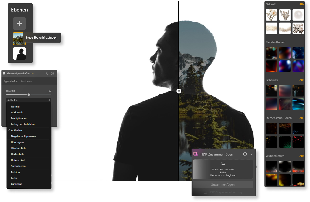 Illustration der Merge-Tools-Schnittstelle | LuminarNeo.de