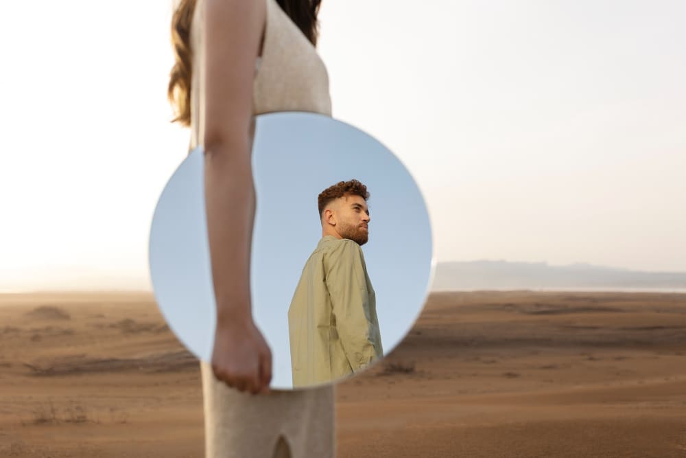 Ein Mädchen hält einen Spiegel, in dem sich ein Mann spiegelt | Luminar Neo Blog