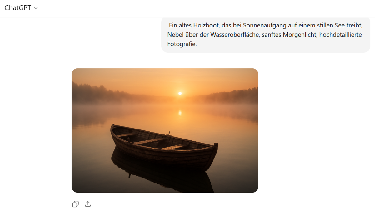 Altes Holzboot im Morgengrauen, Nebel, sanftes Licht im GPT-Chat| Luminar Neo Blog 

