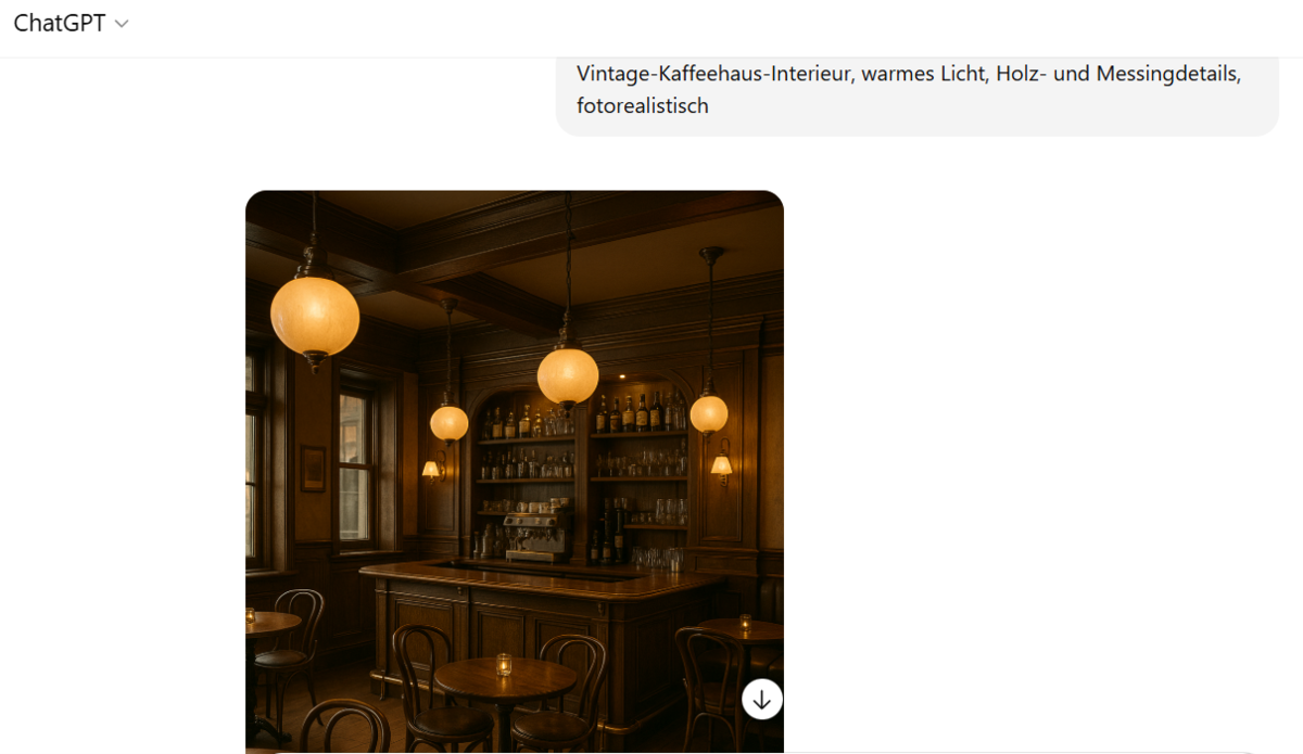 Vintage-Café-Interieur, warmes Licht, Holz- und Messingdetails im GPT-Chat | Luminar Neo Blog 

