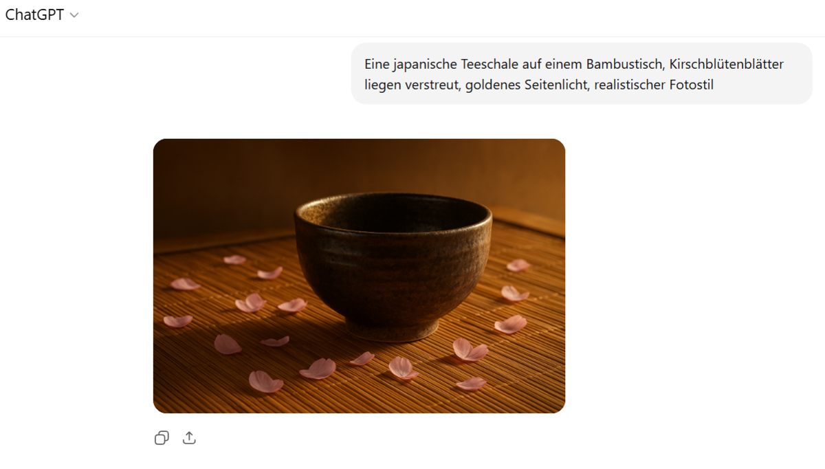 Japanische Teeschale auf dem Tisch, Kirschblüte, goldenes Licht im GPT-Chat | Luminar Neo Blog 