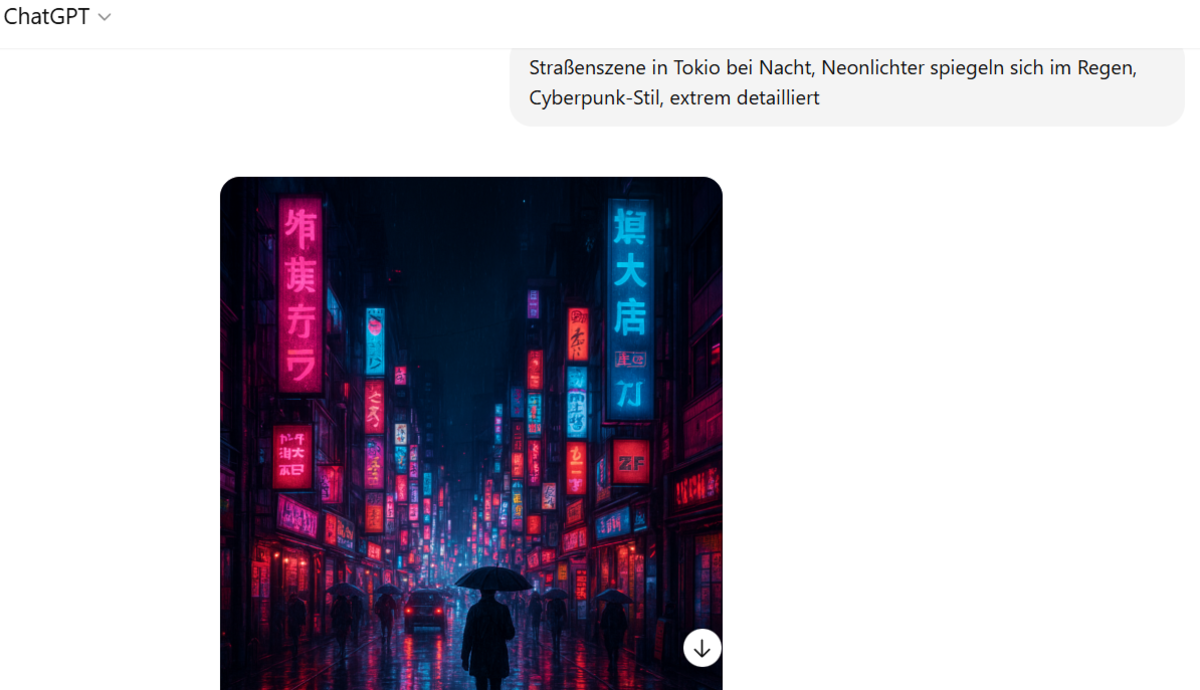 Tokioter Straßenszene bei Nacht, Neonlichter, Cyberpunk-Stil im GPT-Chat | Luminar Neo Blog