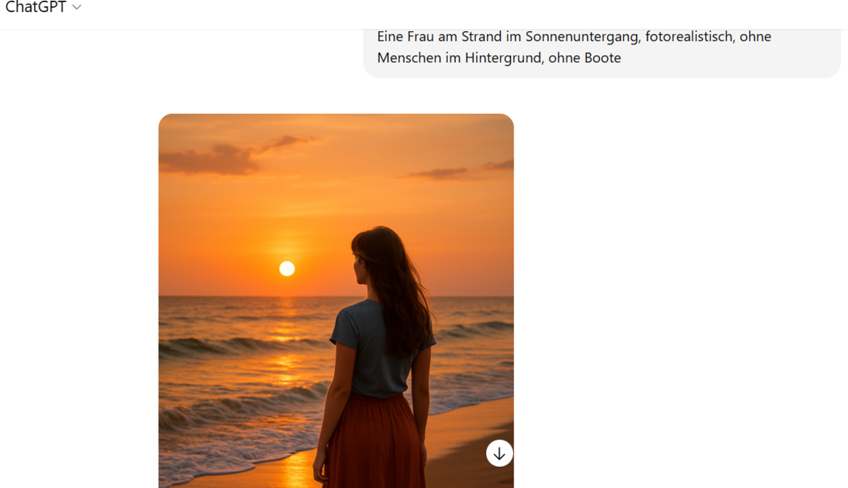 Frau am Strand bei Sonnenuntergang im GPT-Chat | Luminar Neo Blog 


