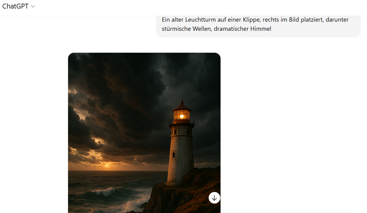 Alter Leuchtturm auf einem Felsen mit Wellen, schöner Himmel im GPT-Chat | Luminar Neo Blog 

