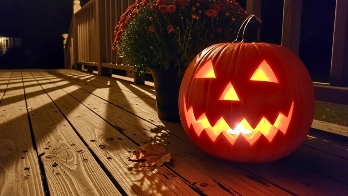 Kürbislaterne neben einem Blumentopf bei Nacht | Luminar Neo Blog