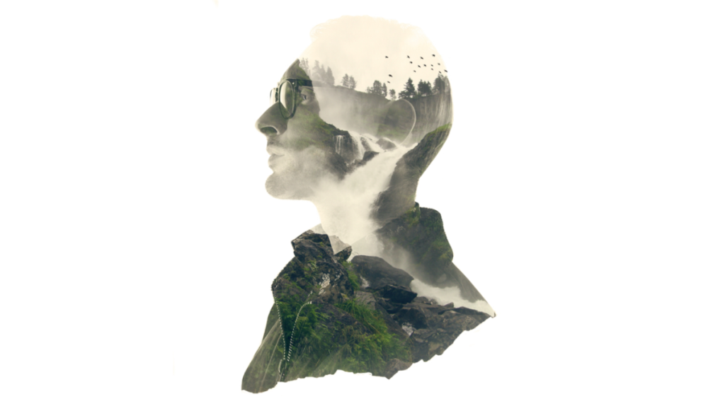 Mann und Berge mit Wasserfall Doppelbelichtung | Luminar Neo Blog