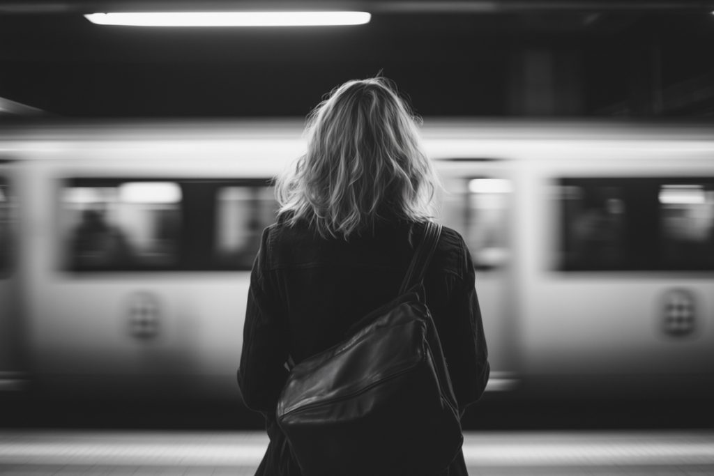 Ein Schwarz Weiß Foto eines Mädchens in der U-Bahn von hinten | Luminar Neo Blog