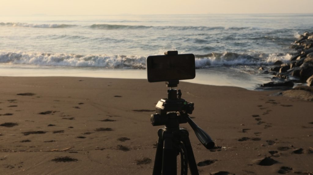 Ein iPhone auf einem Stativ am Strand | Luminar Neo Blog