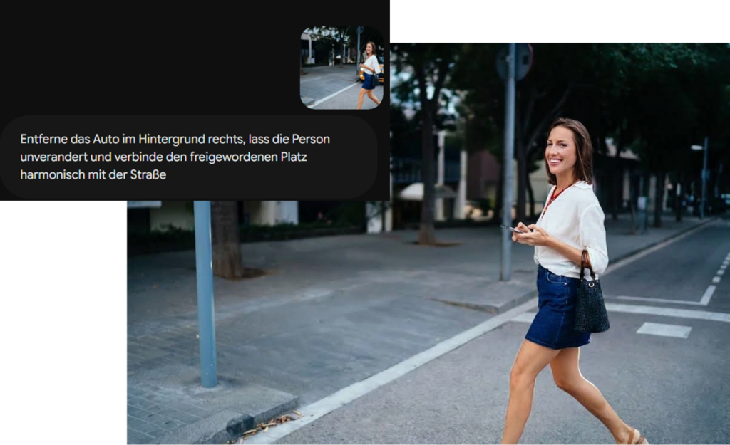 Frau geht über die Straße mit Chat-Overlay | Luminar Blog