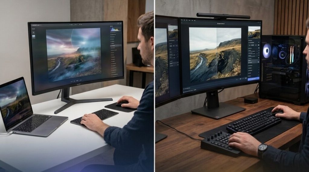 Arbeitsplatz mit zwei Bildschirmen zur Fotobearbeitung | Luminar Blog
