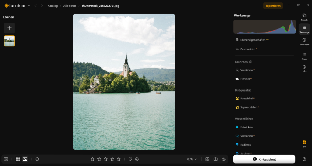 Luminar-Oberfläche mit einem Foto von einem See | Luminar Blog
